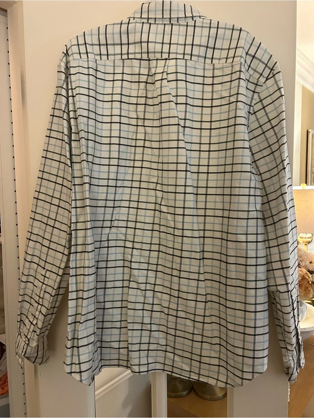 J. Crew Men’s White Button-Down Shirt with Light Blue and Navy Grid